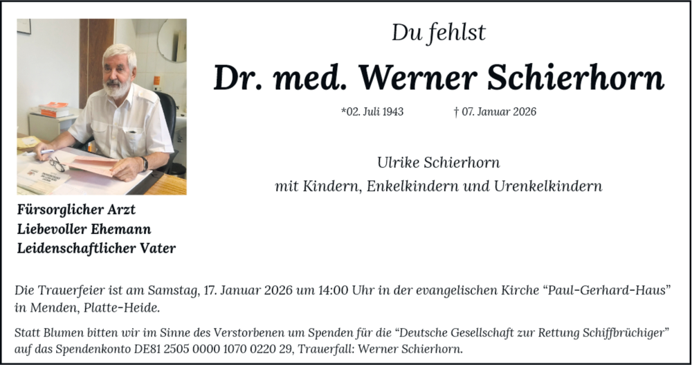  Traueranzeige für Werner Schierhorn vom 14.01.2026 aus Tageszeitung