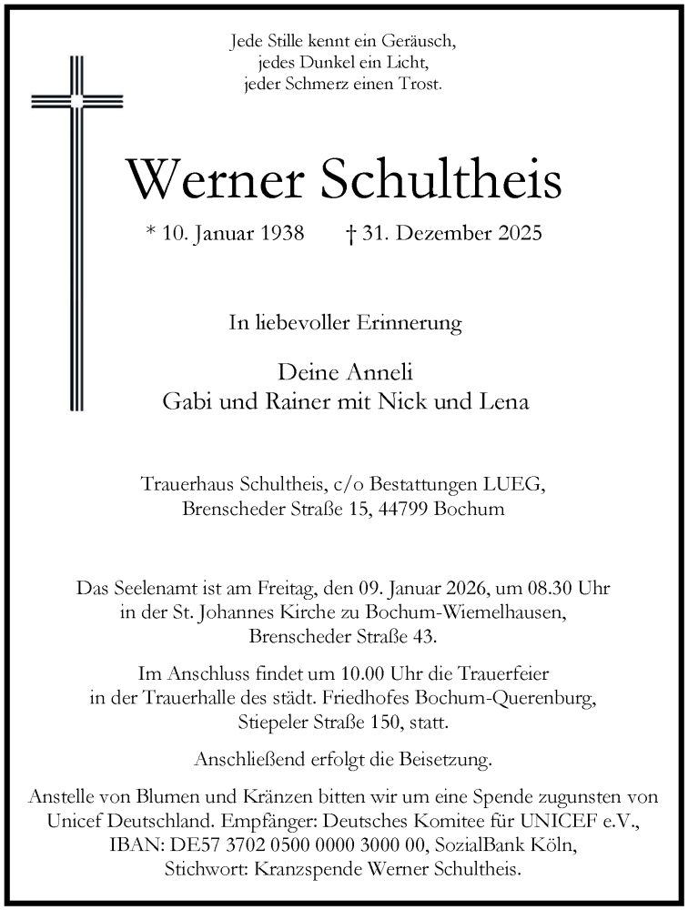  Traueranzeige für Werner Schultheis vom 06.01.2026 aus Tageszeitung