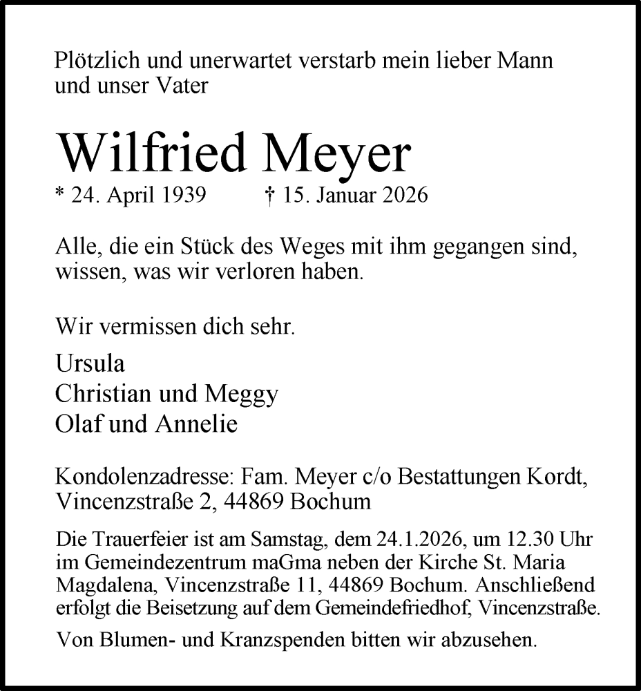  Traueranzeige für Wilfried Meyer vom 22.01.2026 aus Tageszeitung