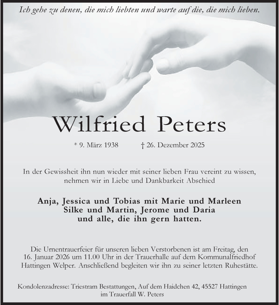  Traueranzeige für Wilfried Peters vom 10.01.2026 aus Tageszeitung