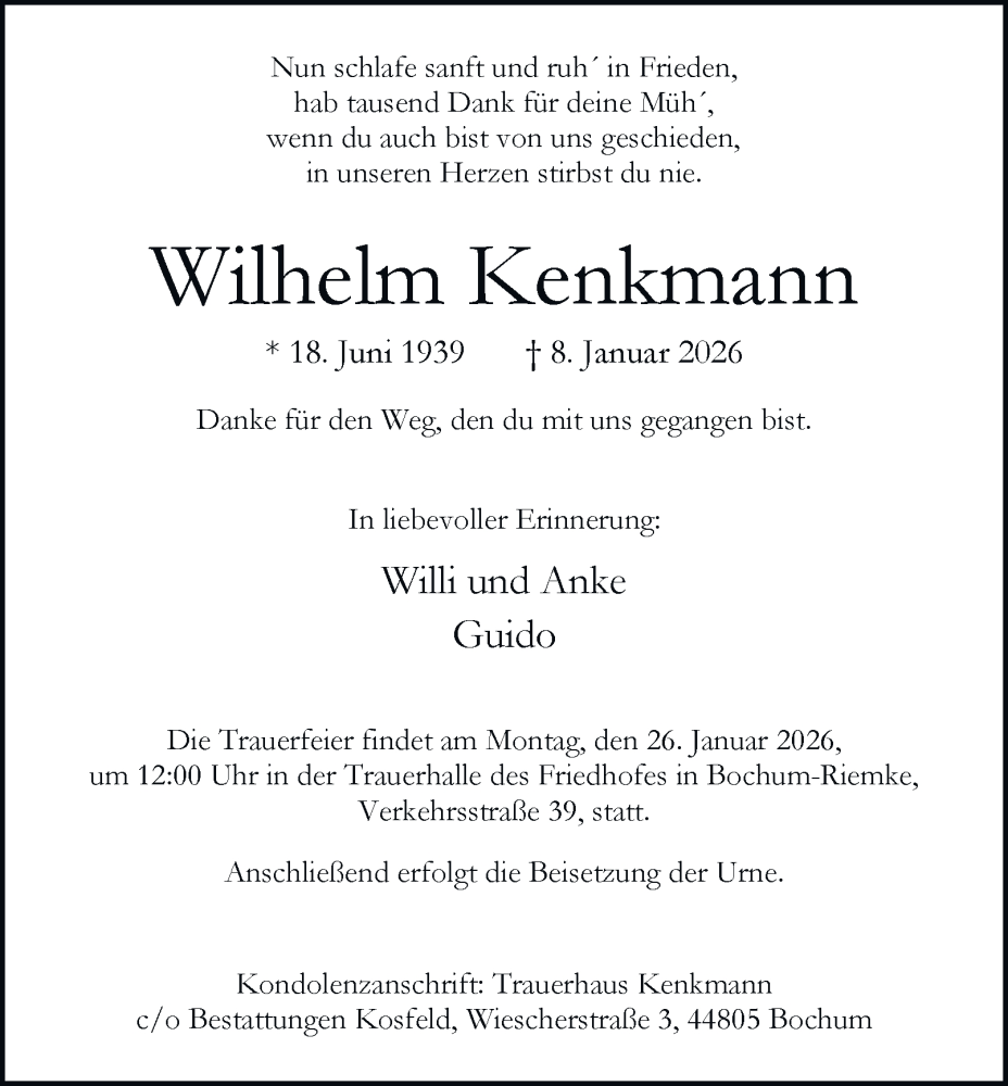  Traueranzeige für Wilhelm Kenkmann vom 17.01.2026 aus Tageszeitung