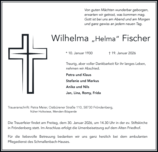 Traueranzeige von Wilhelma Fischer von Tageszeitung