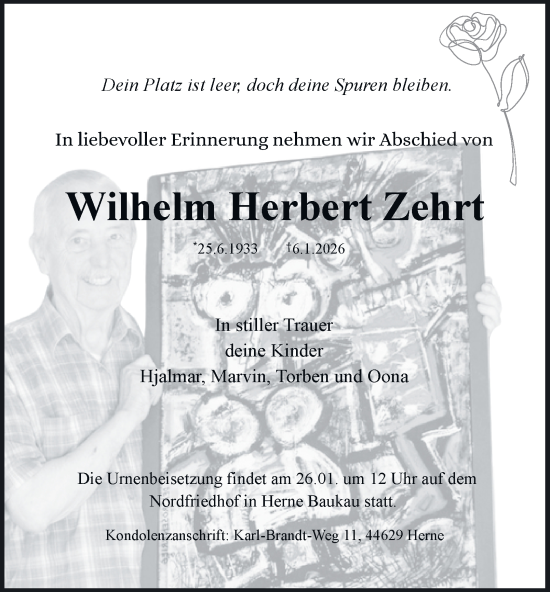 Traueranzeige von Wilhelm Herbert Zehrt von Tageszeitung