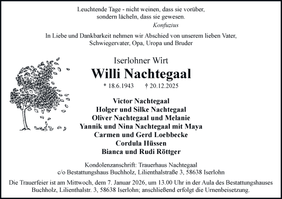 Traueranzeige von Willi Nachtegaal von Tageszeitung