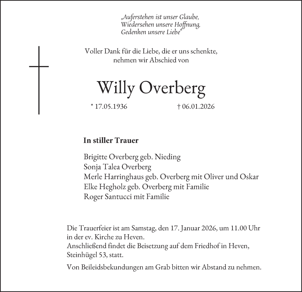  Traueranzeige für Willy Overberg vom 17.01.2026 aus Tageszeitung