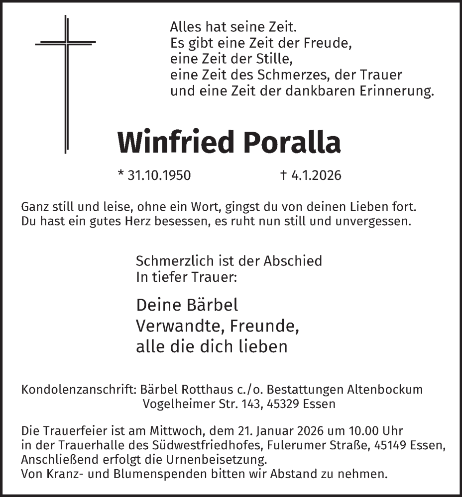  Traueranzeige für Winfried Poralla vom 17.01.2026 aus Tageszeitung