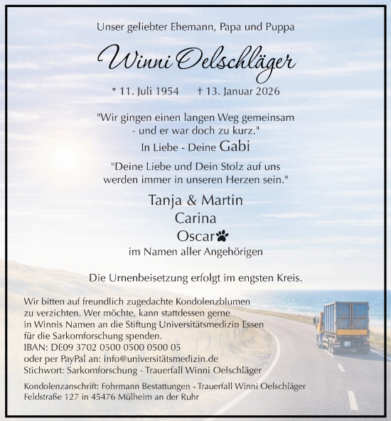 Traueranzeige von Winni Oelschläger von Tageszeitung