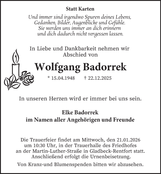 Traueranzeige von Wolfgang Badorrek von Tageszeitung