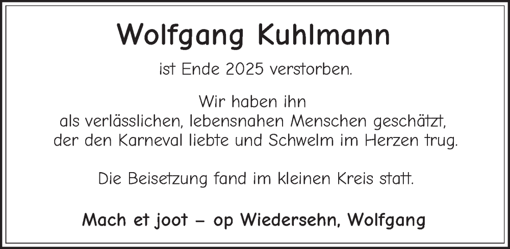 Traueranzeige für Wolfgang Kuhlmann vom 31.01.2026 aus Tageszeitung