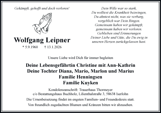 Traueranzeige von Wolfgang Leipner von Tageszeitung