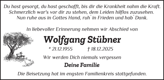 Traueranzeige von Wolfgang Stübner von Tageszeitung