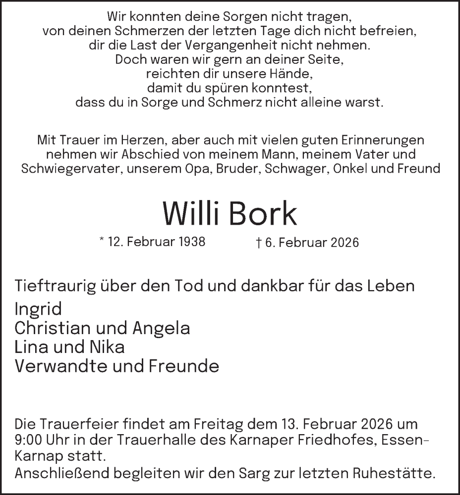  Traueranzeige für Willi Bork vom 11.02.2026 aus Tageszeitung