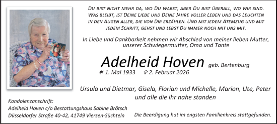 Traueranzeige von Adelheid Hoven von Tageszeitung
