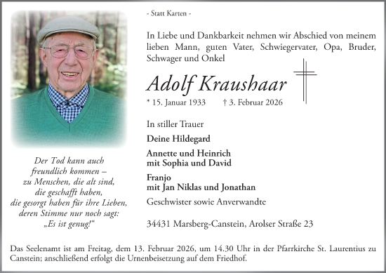 Traueranzeige von Adolf Kraushaar von Tageszeitung