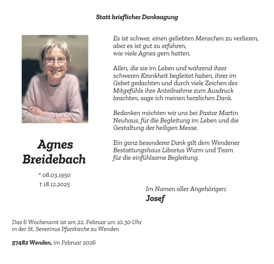 Traueranzeige von Agnes Breidebach von Tageszeitung
