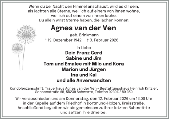 Traueranzeige von Agnes van der Ven von Tageszeitung