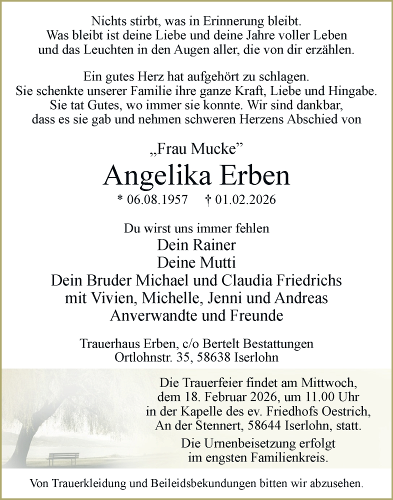  Traueranzeige für Angelika Erben vom 14.02.2026 aus Tageszeitung