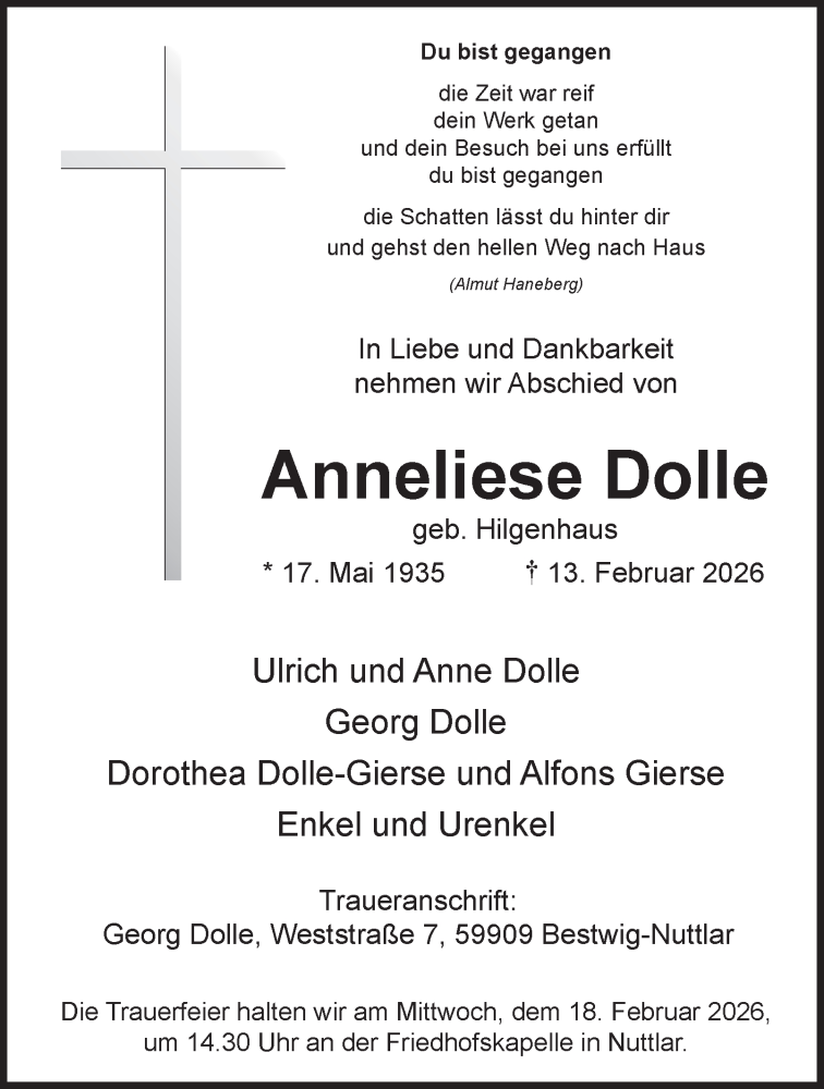  Traueranzeige für Anneliese Dolle vom 18.02.2026 aus Tageszeitung