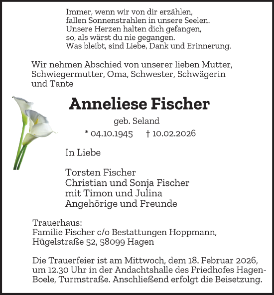 Traueranzeige von Anneliese Fischer von Tageszeitung