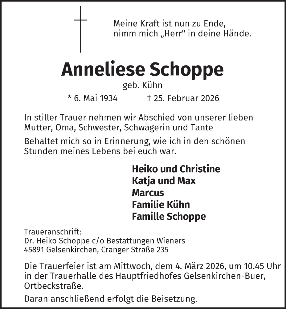  Traueranzeige für Anneliese Schoppe vom 28.02.2026 aus Tageszeitung