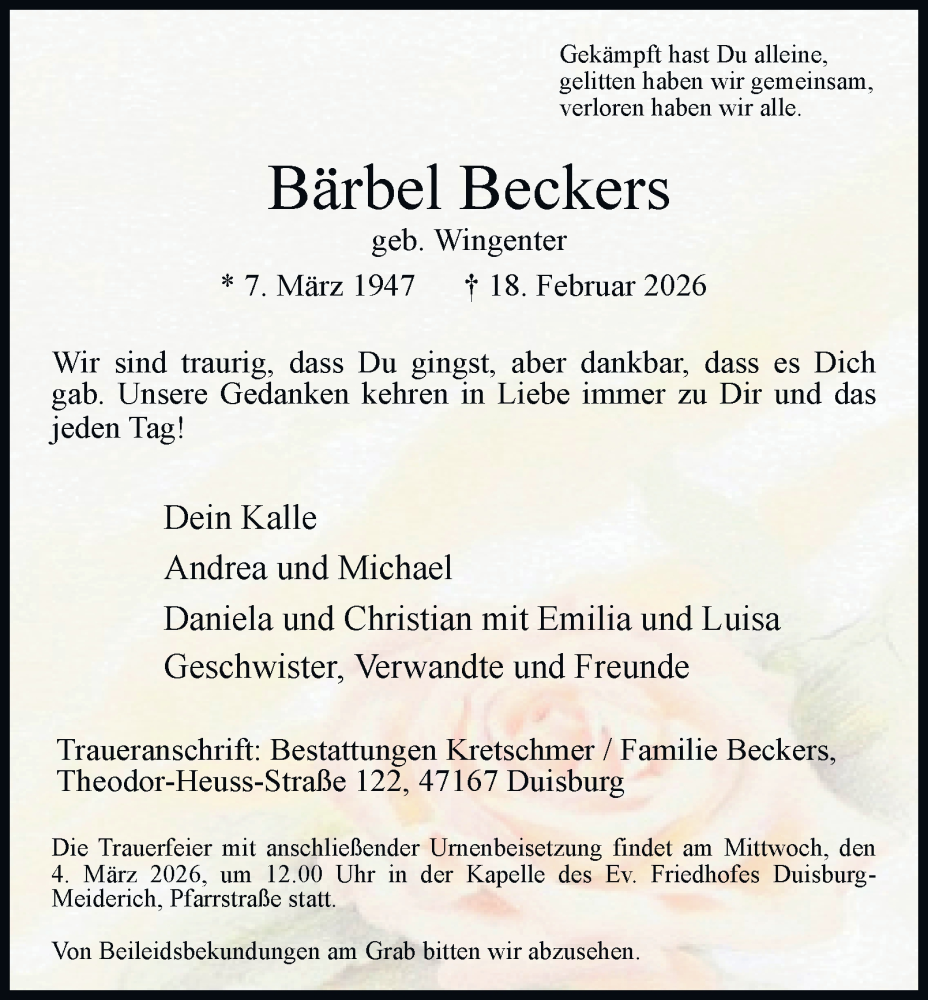  Traueranzeige für Bärbel Beckers vom 25.02.2026 aus Tageszeitung