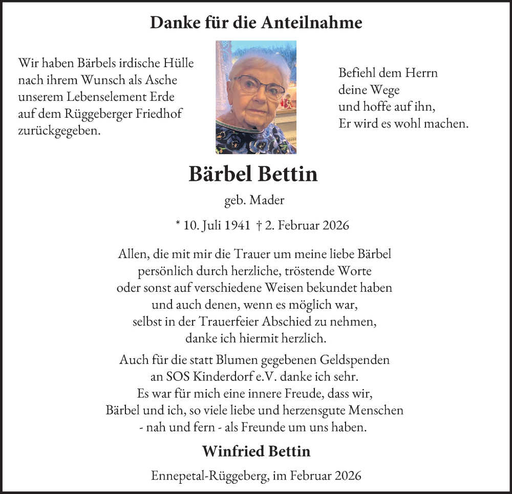  Traueranzeige für Bärbel Bettin vom 21.02.2026 aus Tageszeitung