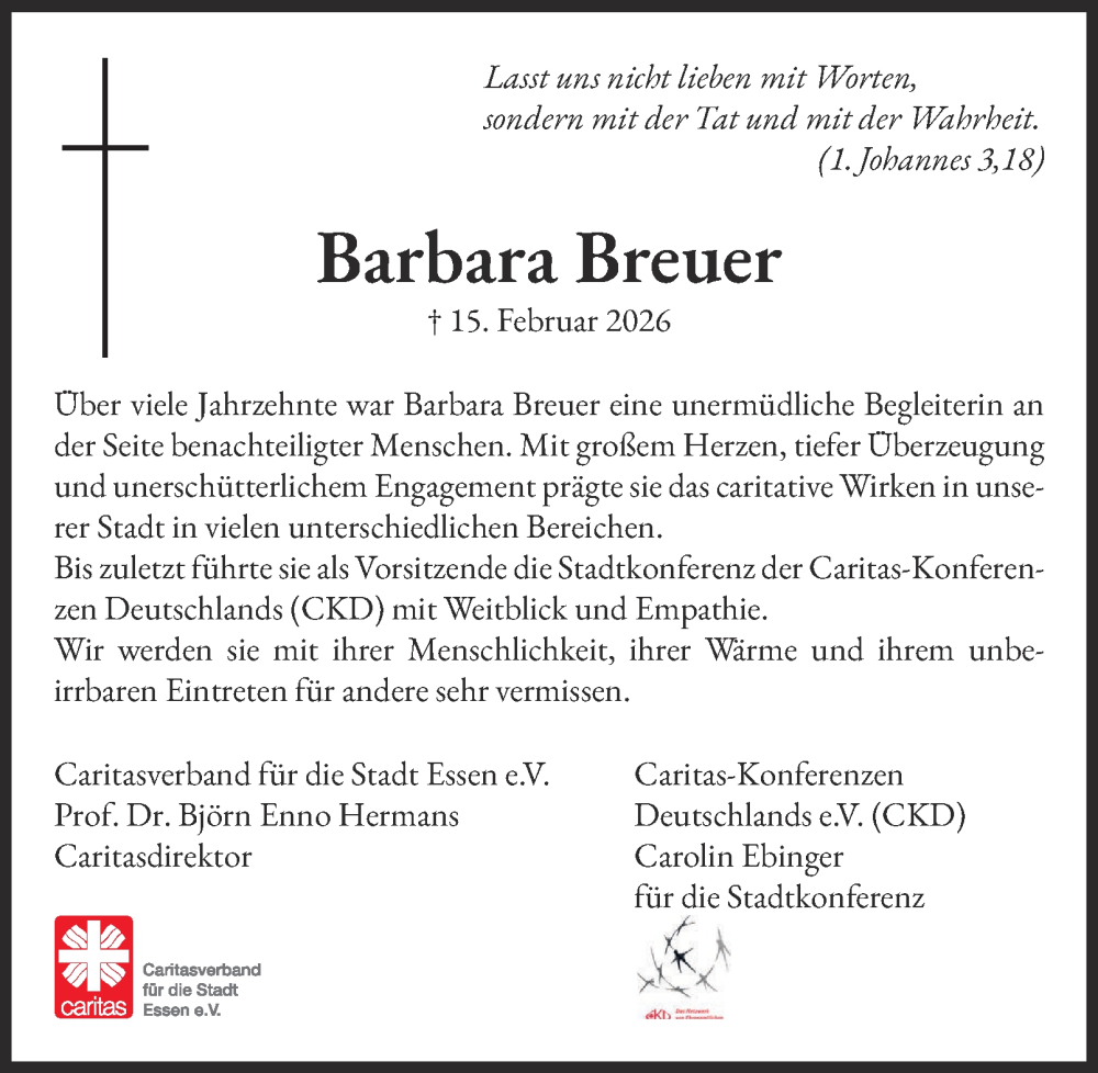  Traueranzeige für Barbara Breuer vom 21.02.2026 aus Tageszeitung