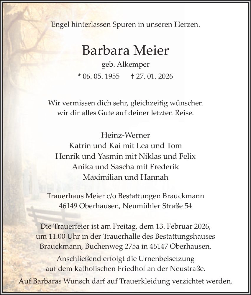 Traueranzeige für Barbara Meier vom 07.02.2026 aus Tageszeitung