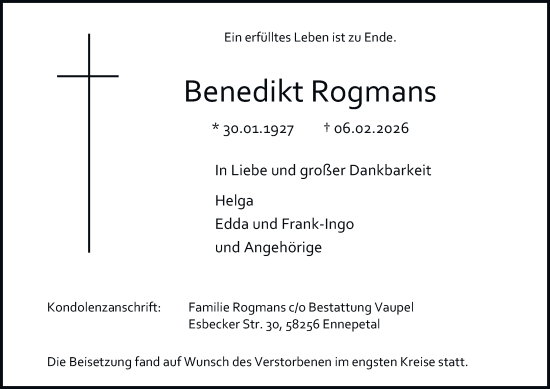 Traueranzeige von Benedikt Rogmans von Tageszeitung