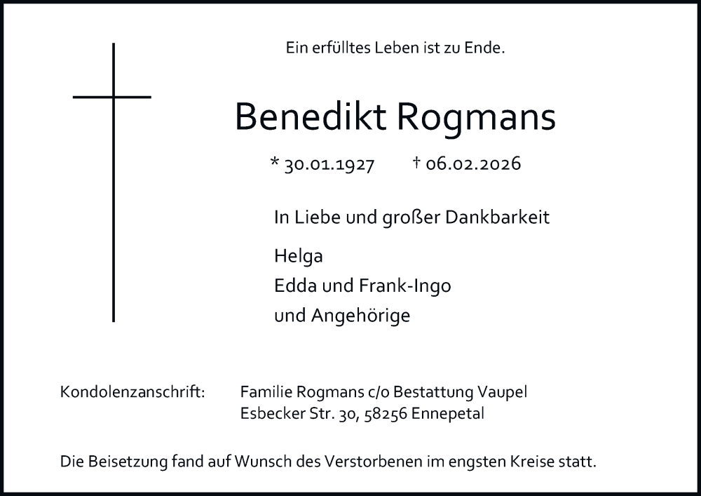  Traueranzeige für Benedikt Rogmans vom 14.02.2026 aus Tageszeitung