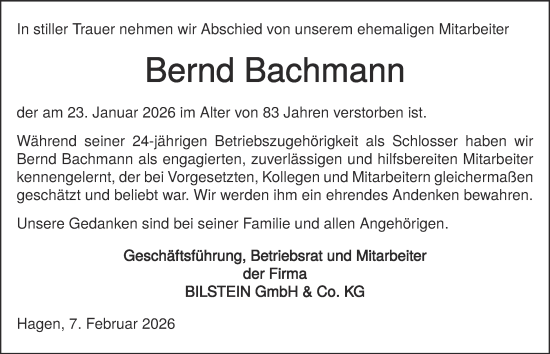 Traueranzeige von Bernd Bachmann von Tageszeitung