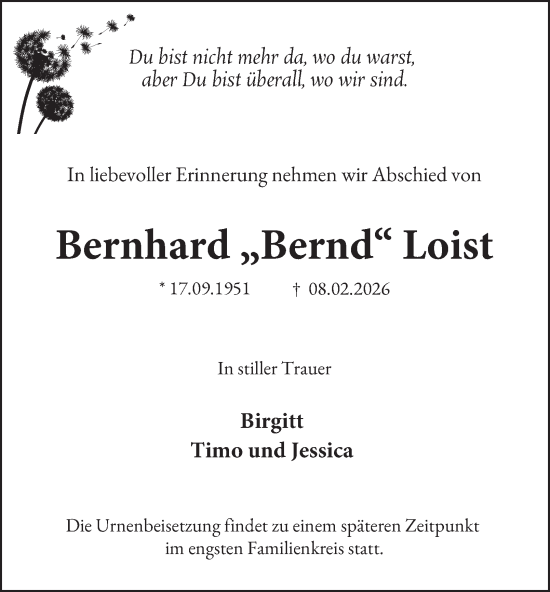 Traueranzeige von Bernhard Loist von Tageszeitung