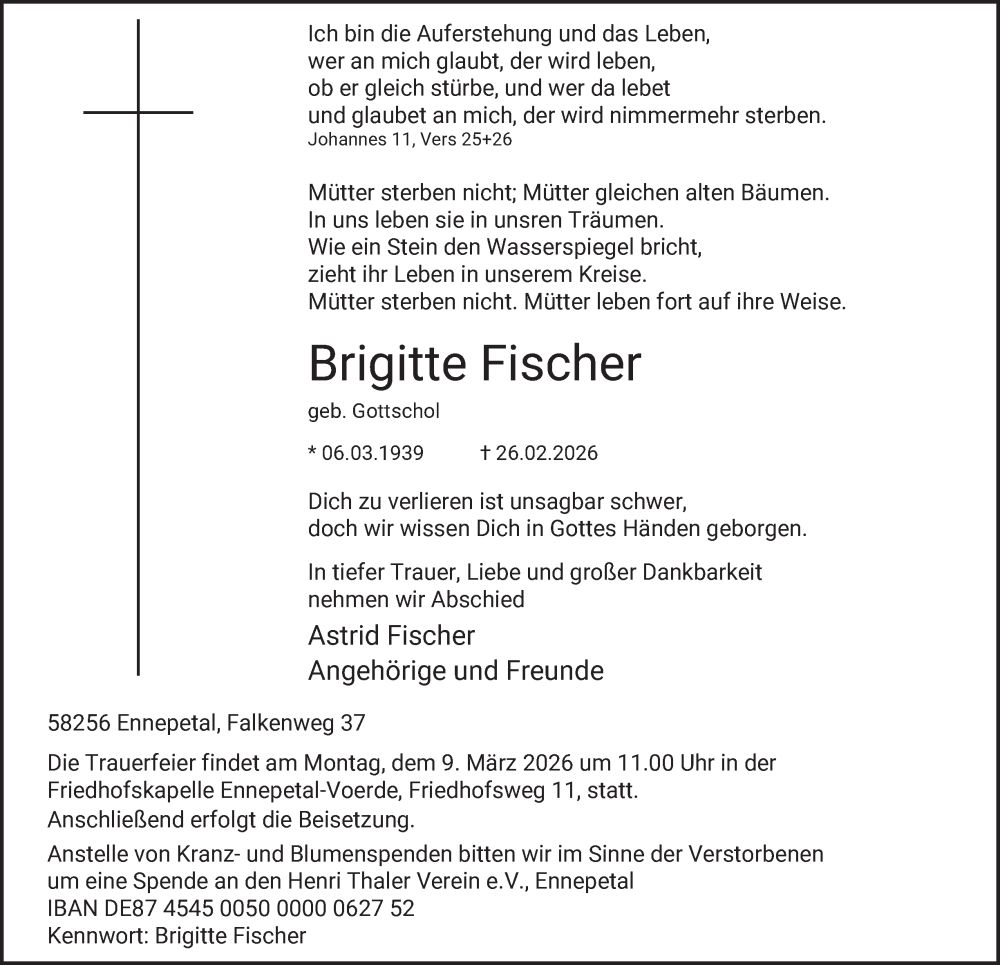  Traueranzeige für Brigitte Fischer vom 28.02.2026 aus Tageszeitung