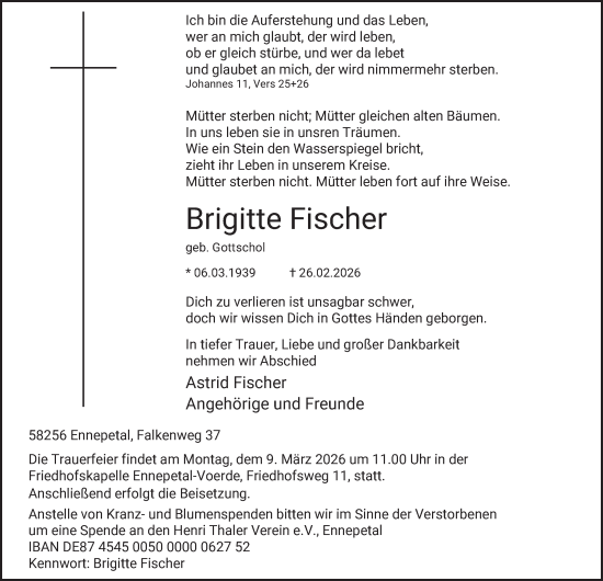Traueranzeige von Brigitte Fischer von Tageszeitung