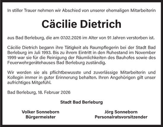 Traueranzeige von Cäcilie Dietrich von Tageszeitung