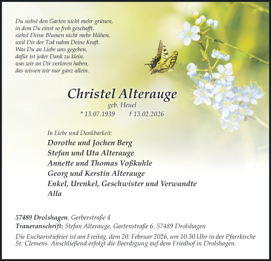 Traueranzeige von Christel Alterauge von Tageszeitung