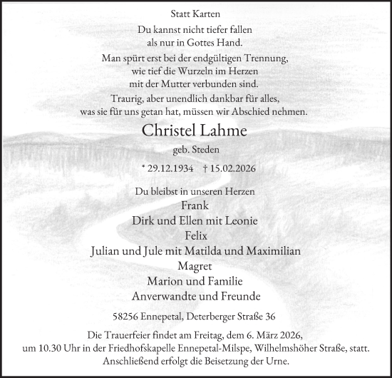Traueranzeige von Christel Lahme von Tageszeitung