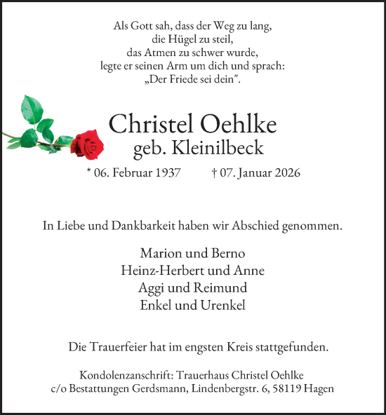 Traueranzeige von Christel Oehlke von Tageszeitung