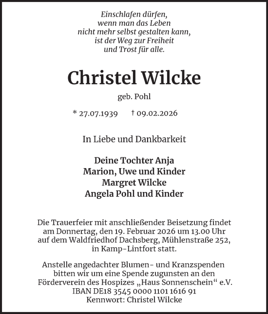 Traueranzeige von Christel Wilcke von Tageszeitung