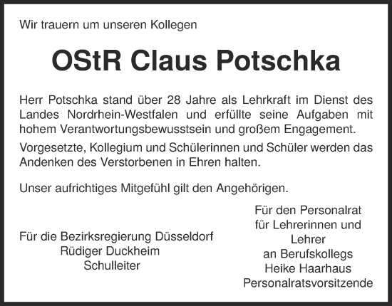 Traueranzeige von Claus Potschka von Tageszeitung