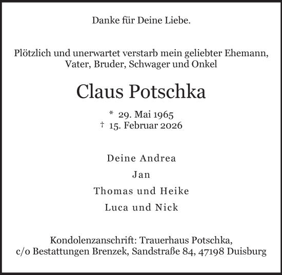 Traueranzeige von Claus Potschka von Tageszeitung