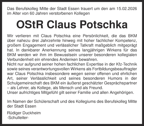 Traueranzeige von Claus Potschka von Tageszeitung