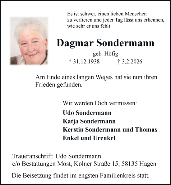 Traueranzeige von Dagmar Sondermann von Tageszeitung