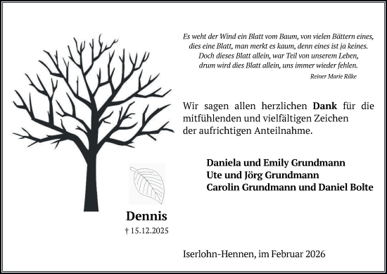 Traueranzeige von Dennis Grundmann von Tageszeitung