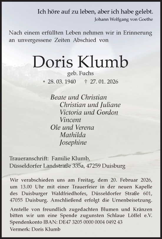 Traueranzeige von Doris Klumb von Tageszeitung