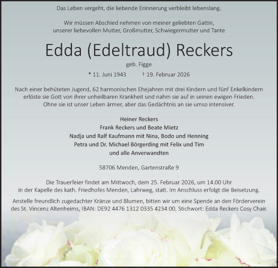 Traueranzeige von Edda (Edeltraud) Reckers von Tageszeitung