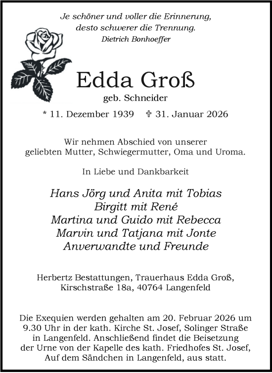 Traueranzeige von Edda Groß von Tageszeitung