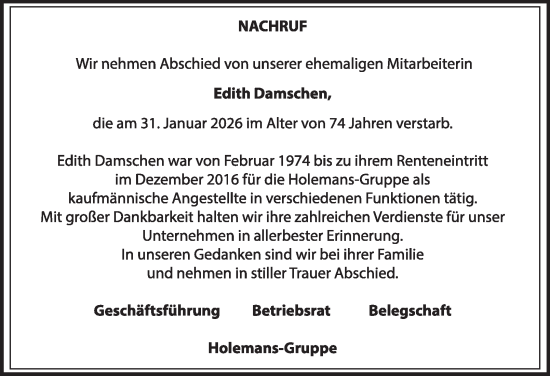 Traueranzeige von Edith Damschen von Tageszeitung
