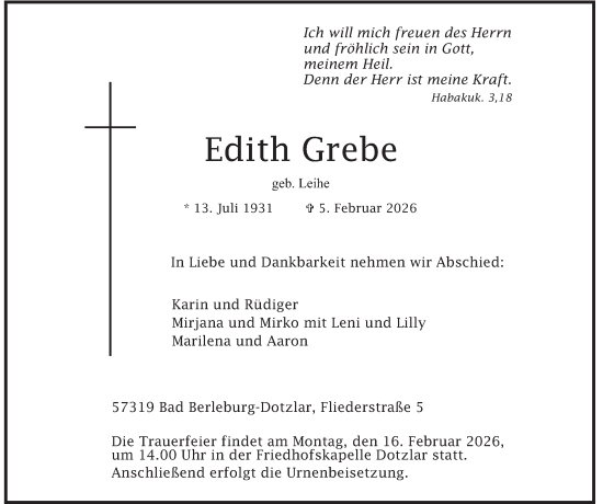 Traueranzeige von Edith Grebe von Tageszeitung