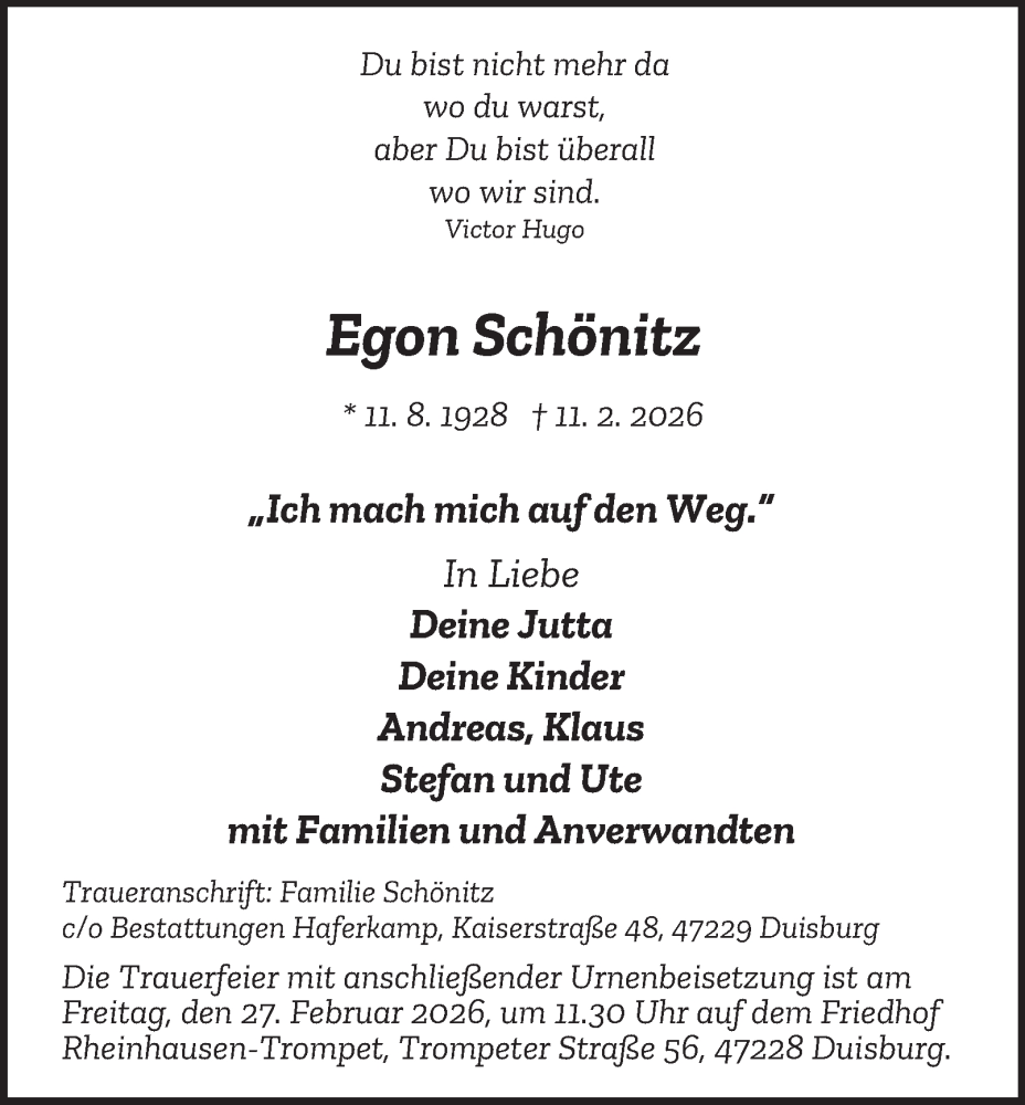  Traueranzeige für Egon Schönitz vom 21.02.2026 aus Tageszeitung